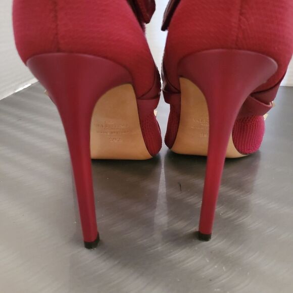 VALENTINO GARAVANI Knit Rockstud Bodytech Calfskin Sock Boot Heel Burgundy 39.5 - Picture 6 of 11